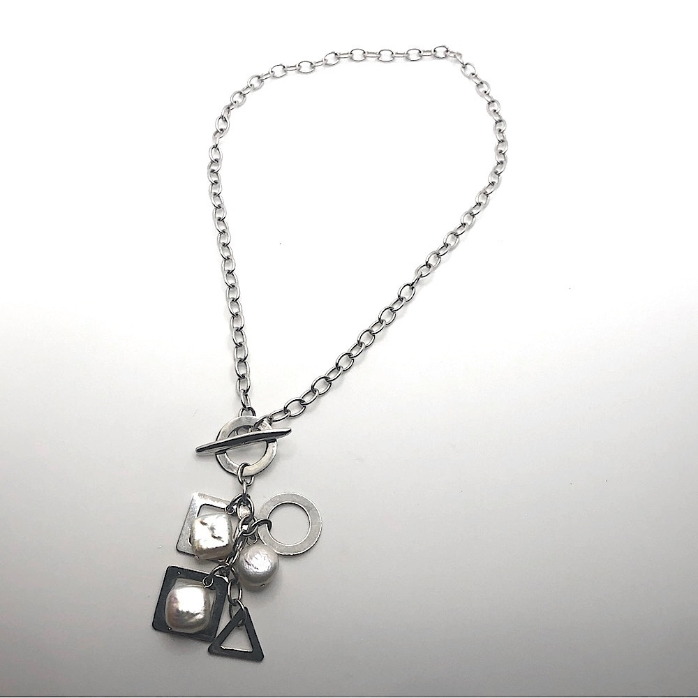 Vtg Sterling & Pearl Toggle Clasp Drop Chain Geometric Necklace 16” + 2.5” Drop